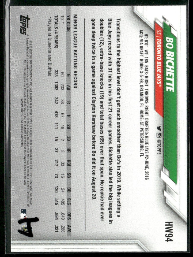 Bo Bichette 2020 Topps Holiday RC #HW94 Toronto Blue Jays