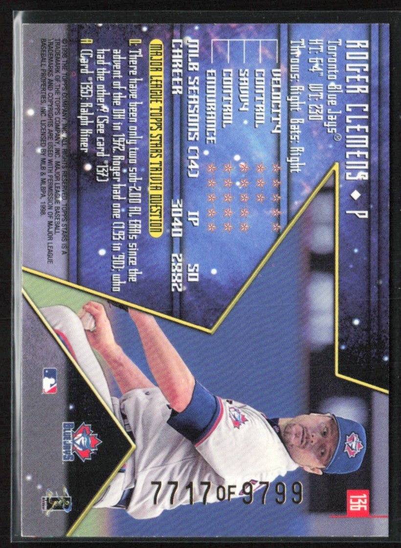 Roger Clemens 1998 Topps Stars /9799 #136 Toronto Blue Jays