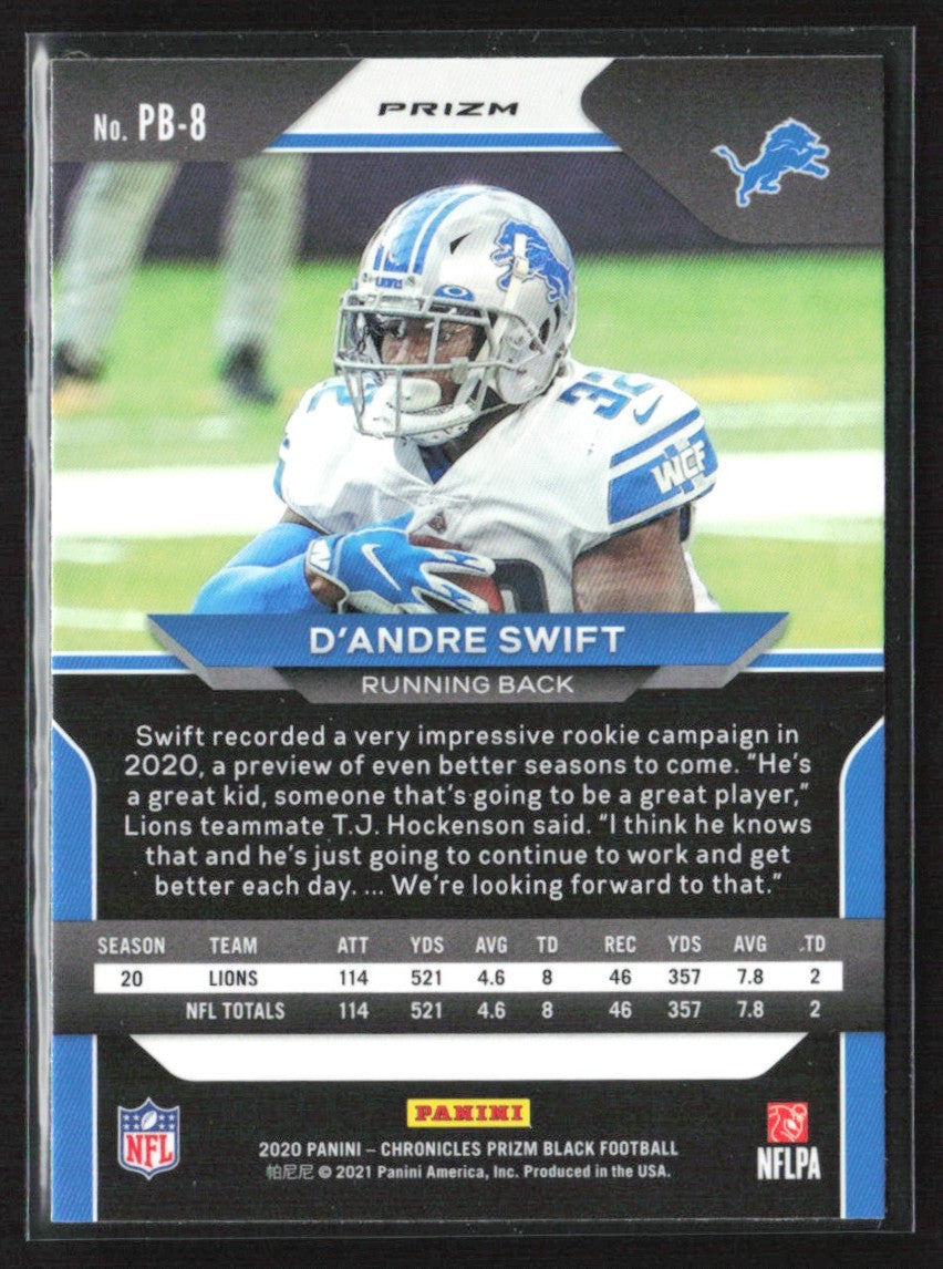 D'Andre Swift 2020 Panini Chronicles Prizm Black Silver RC #PB-8 Detroit Lions
