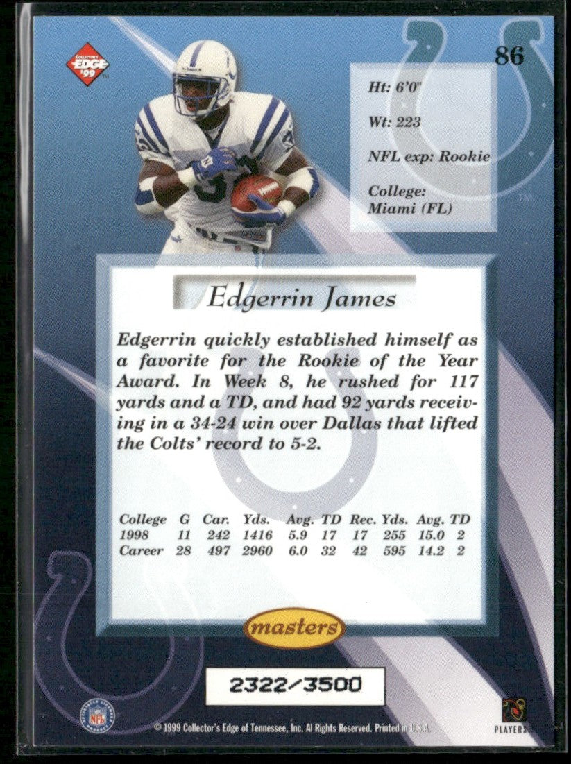 Edgerrin James 1999 Collector's Edge Masters HoloSilver RC /3500 #86