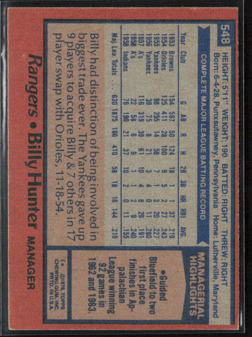 Billy Hunter 1978 Topps #548 Texas Rangers