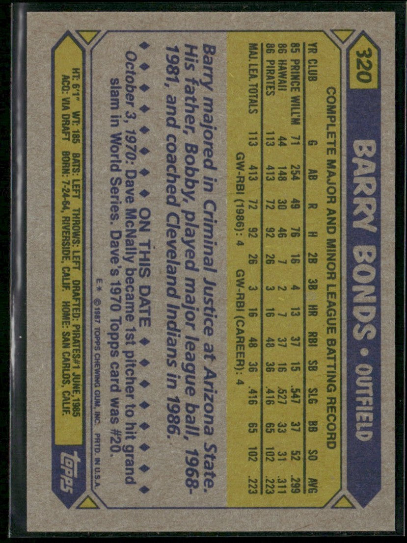 Barry Bonds 1987 Topps RC #320 Pittsburgh Pirates