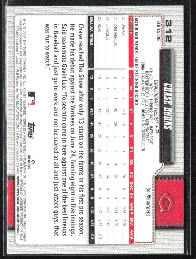 Chase Burns 2026 Topps RC #312 Cincinnati Reds
