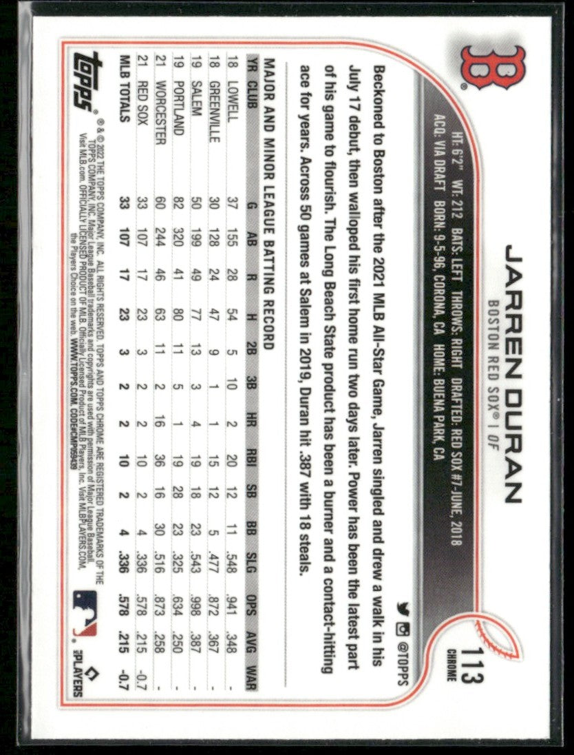 Jarren Duran 2022 Topps Chrome RC #113 Boston Red Sox