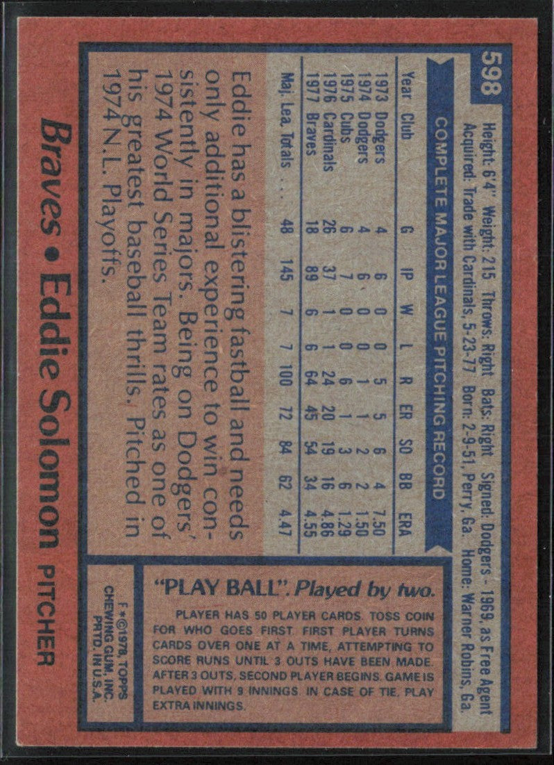 Eddie Solomon 1978 Topps #598 Atlanta Braves