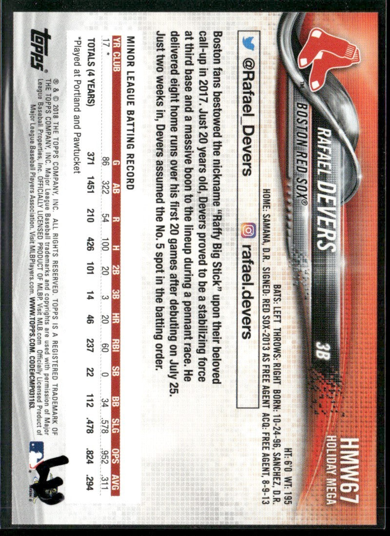 Rafael Devers 2018 Topps Holiday RC #HMW67 Boston Red Sox