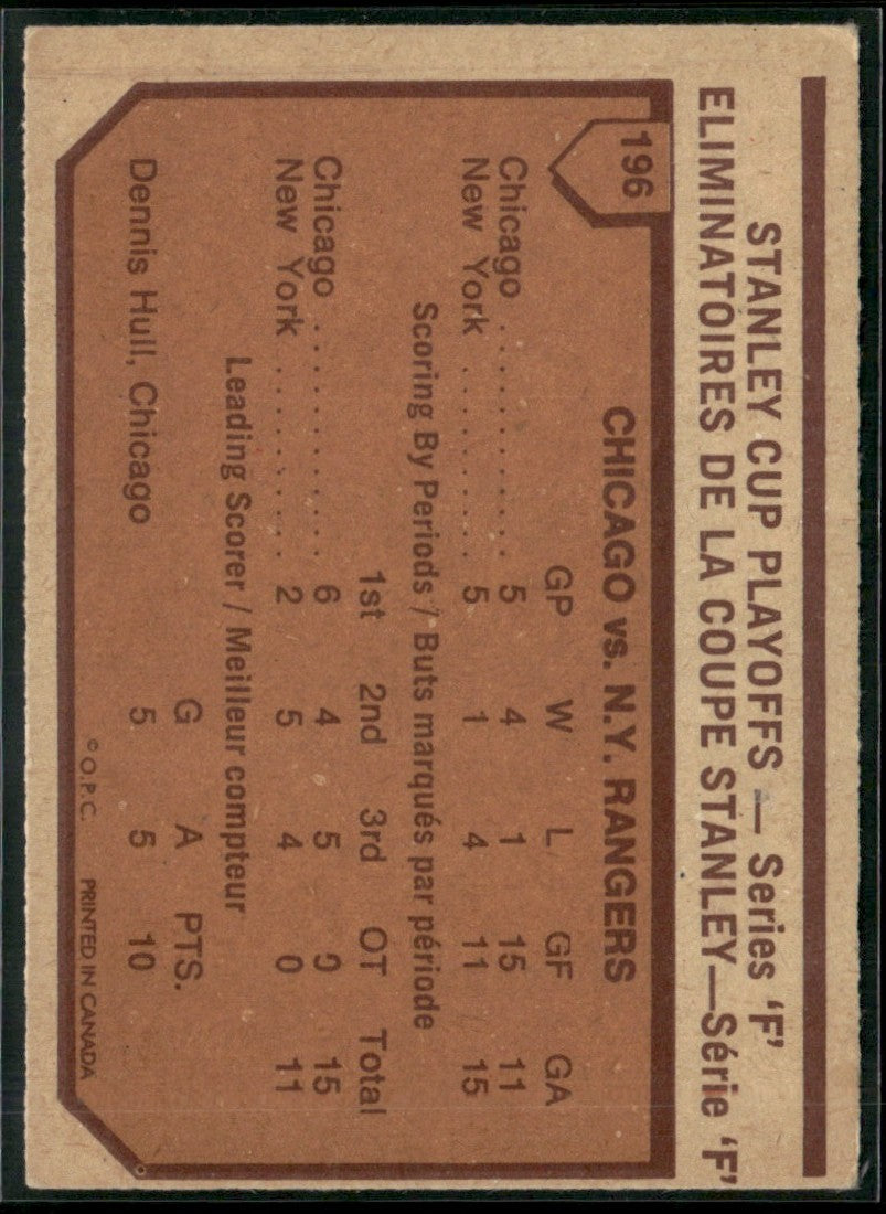 Blackhawks vs. Rangers Hull 1972 O-Pee-Chee #196 Chicago Black Hawks