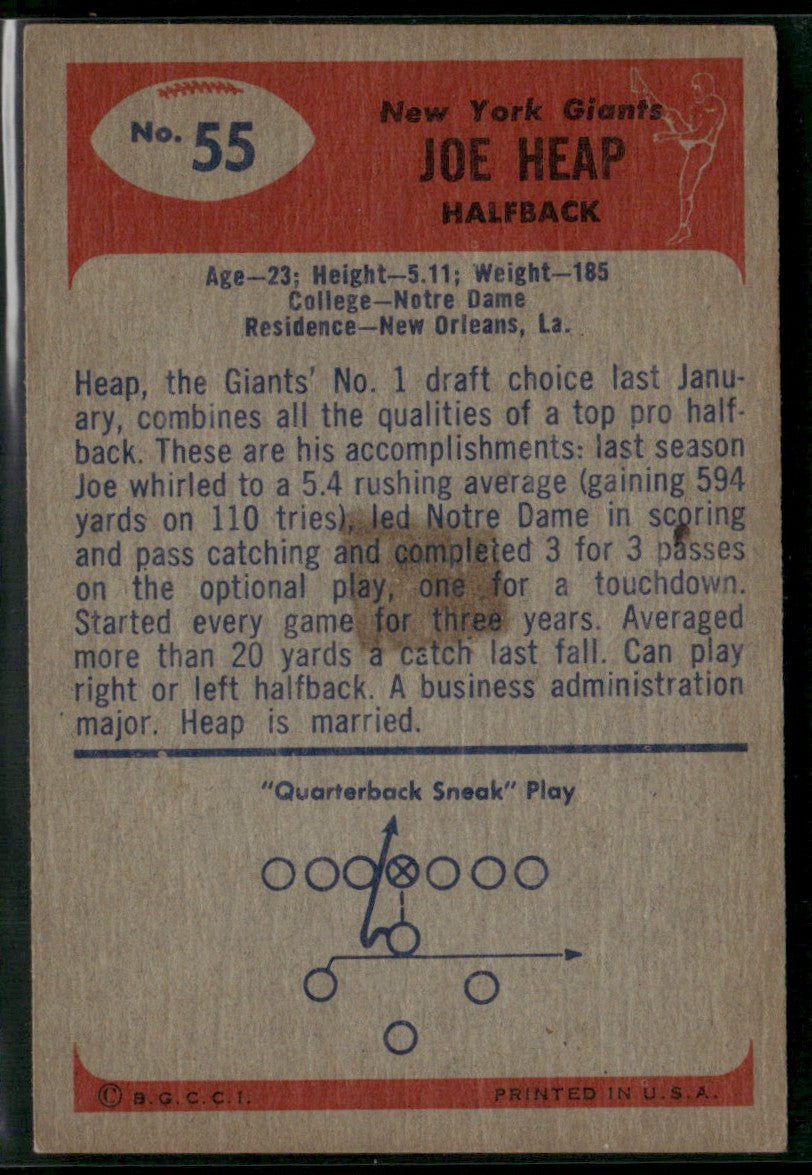 Joe Heap 1955 Bowman RC #55 New York Giants