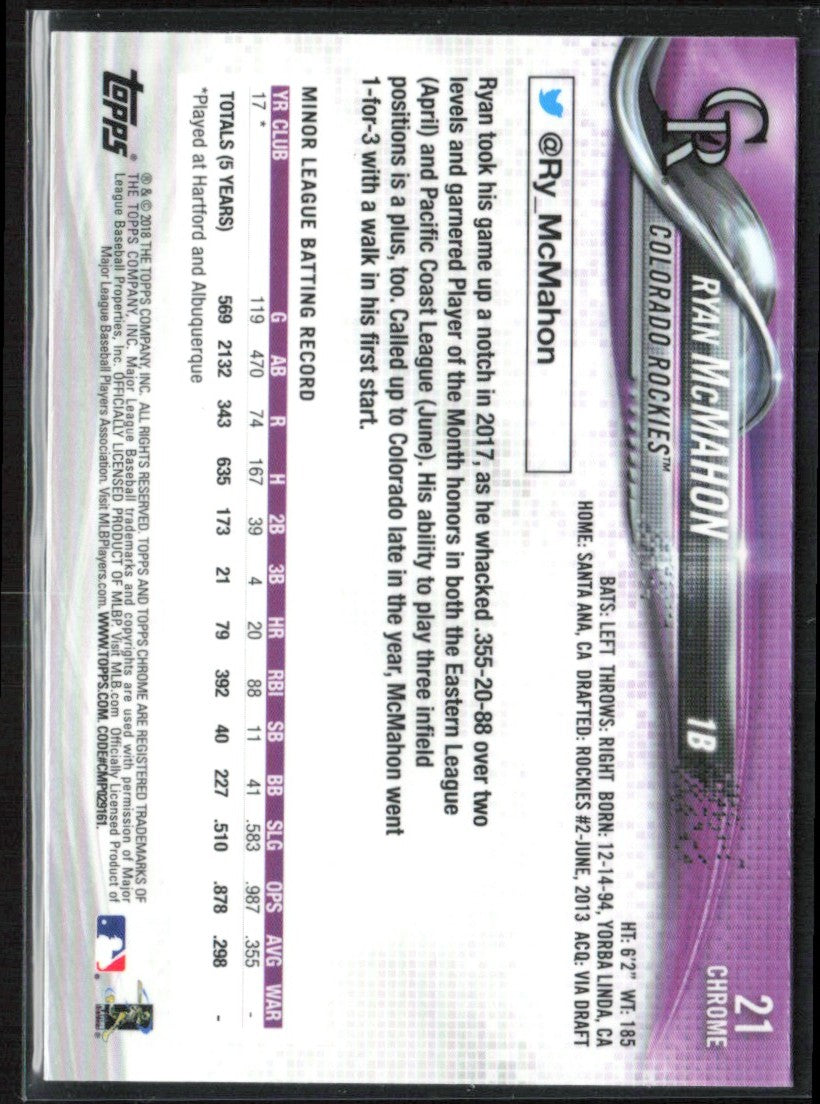 Ryan McMahon 2018 Topps Chrome Prism Refractor RC #21 Colorado Rockies
