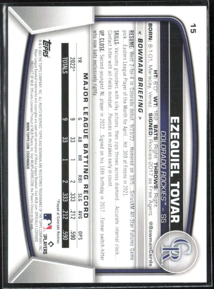 Ezequiel Tovar 2023 Bowman RC #15 Colorado Rockies