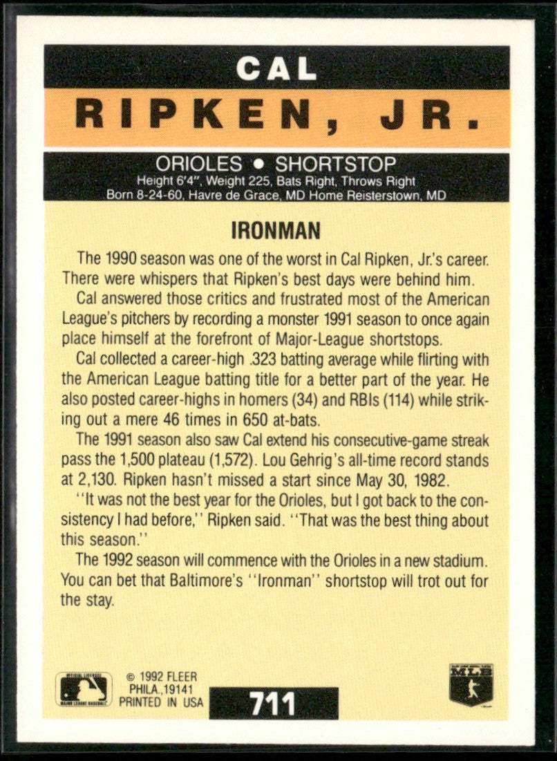 Cal Ripken, Jr. 1992 Fleer #711 Baltimore Orioles