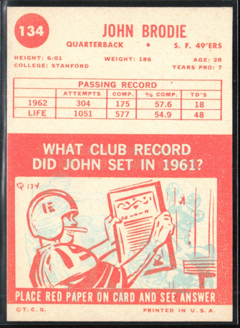 John Brodie 1963 Topps #134 San Francisco 49ers