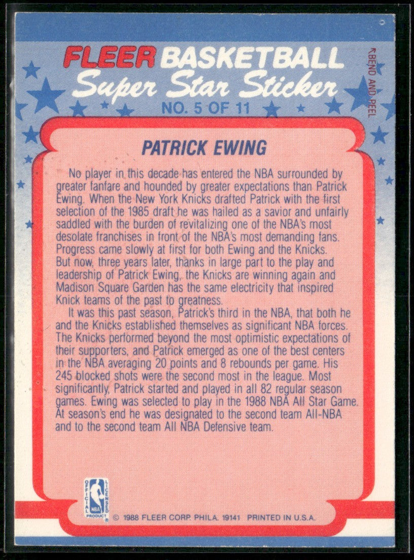 Patrick Ewing 1988 Fleer Stickers #5 New York Knicks