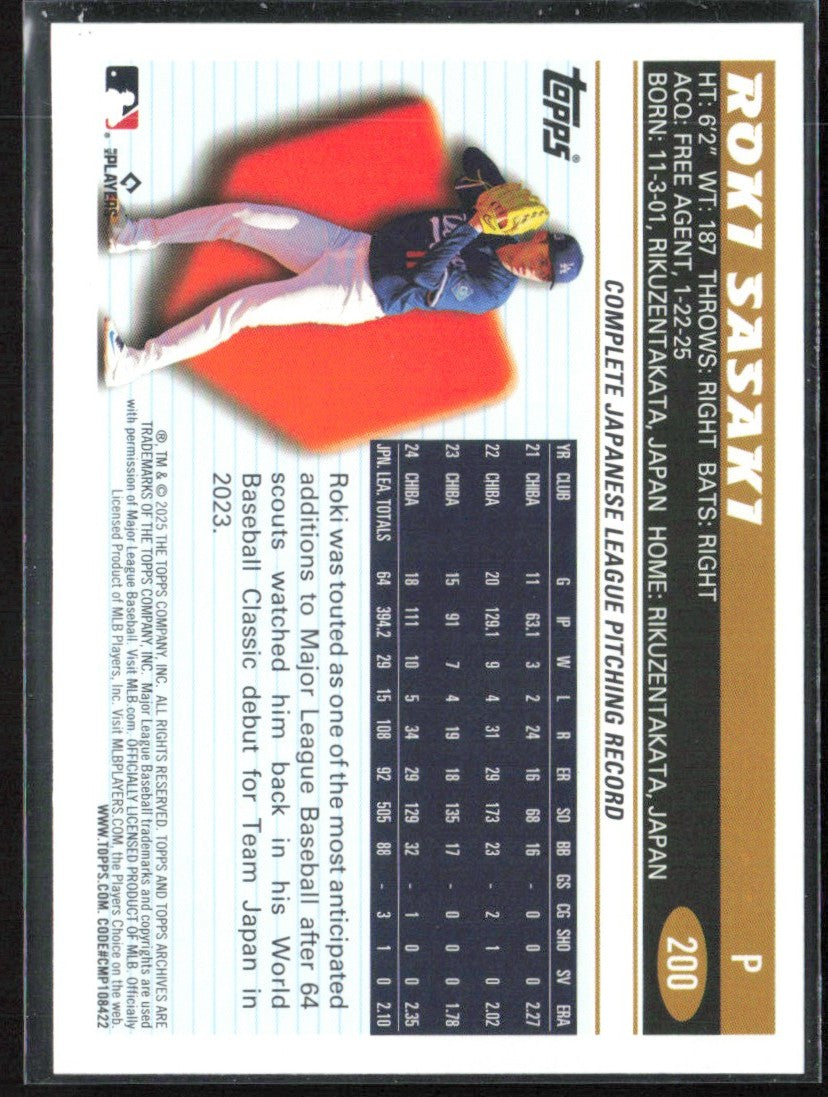 Roki Sasaki 2025 Topps Archives RC #200 Los Angeles Dodgers