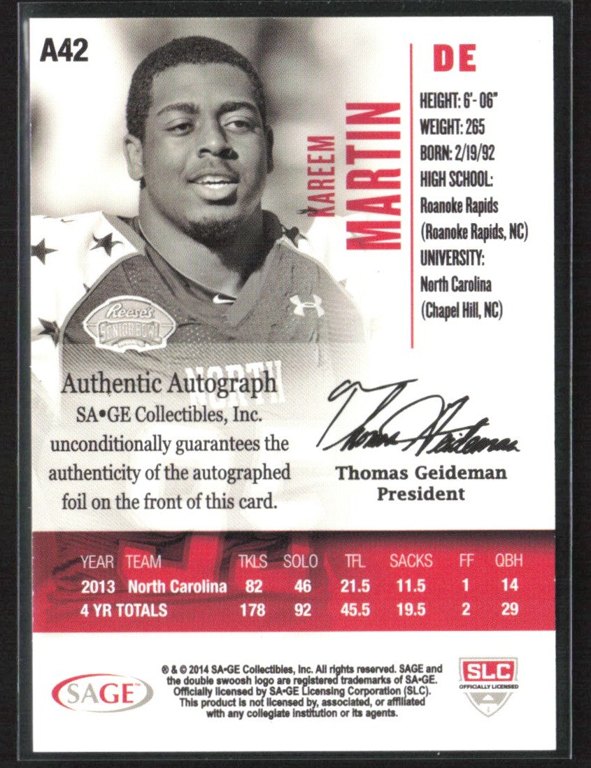 Kareem Martin 2014 SAGE HIT Black RC AUTO #A42 North Carolina Tar Heels