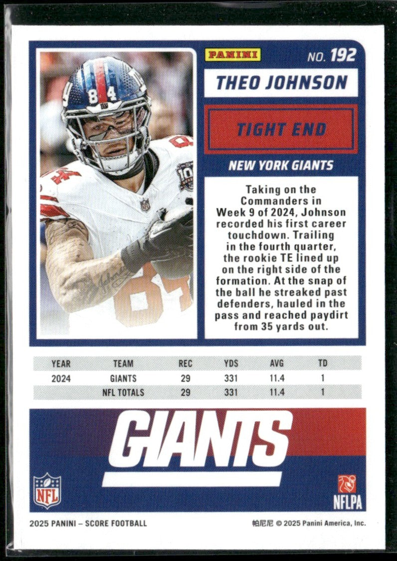 Theo Johnson 2025 Score Showcase /250 #192 New York Giants