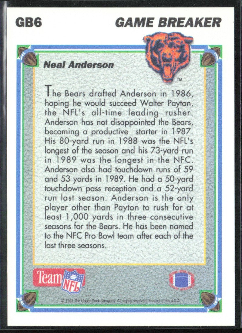 Neal Anderson 1991 Upper Deck Game Breaker Holograms #GB6 Chicago Bears