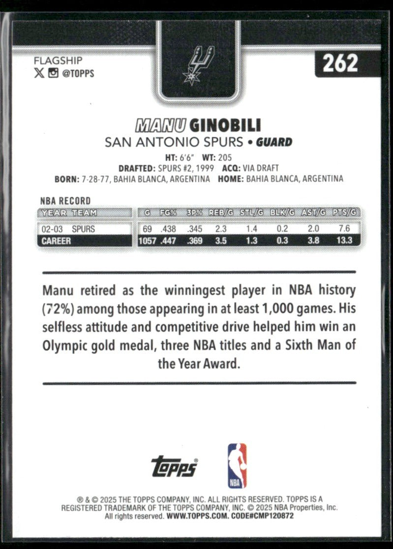 Manu Ginobili 2025 Topps Holo Foil #262 San Antonio Spurs
