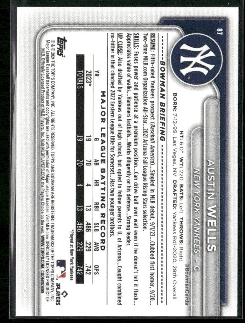 Austin Wells 2024 Bowman RC #87 New York Yankees