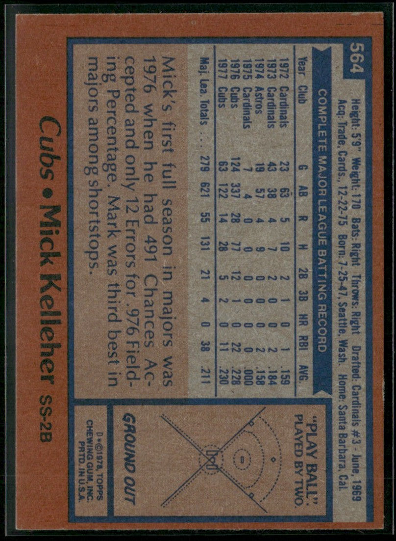 Mick Kelleher 1978 Topps #564 Chicago Cubs
