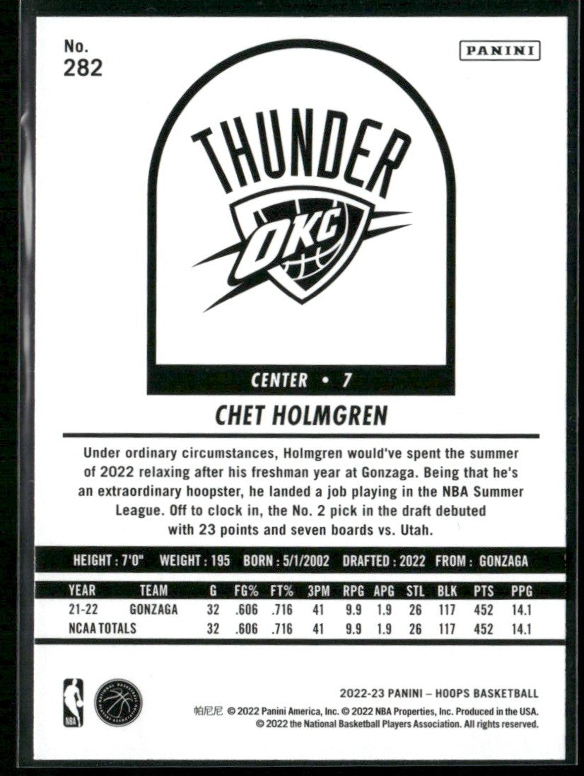 Chet Holmgren 2022 Panini Hoops RC #282 Oklahoma City Thunder