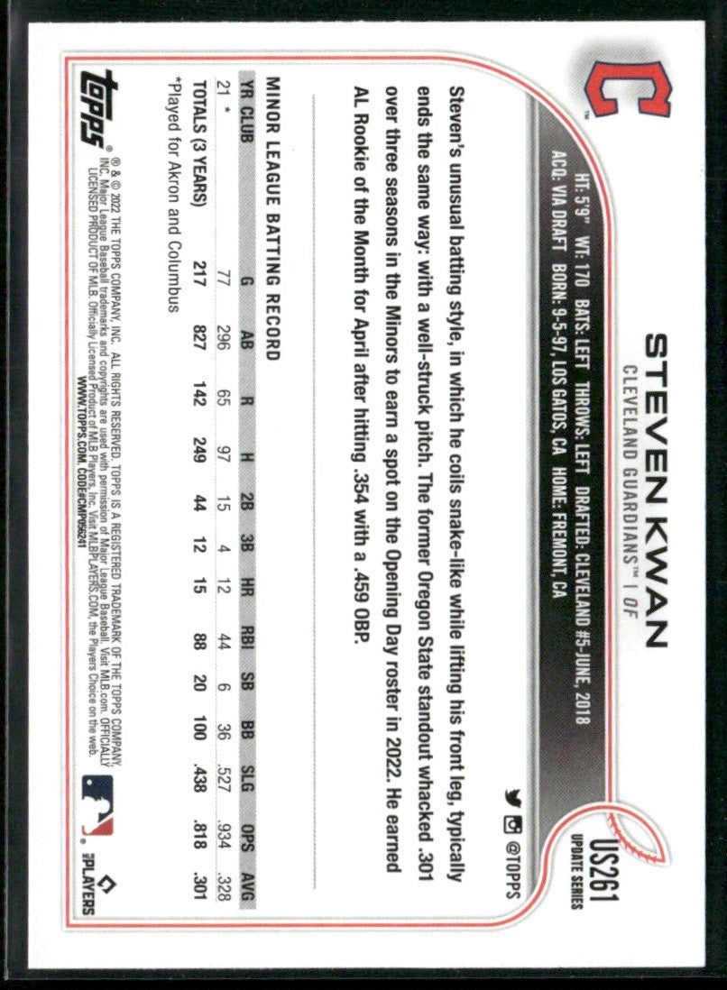 Steven Kwan 2022 Topps Update RC #US261 Cleveland Guardians