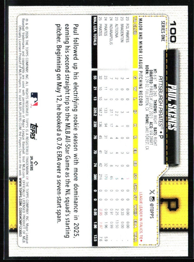 Paul Skenes 2026 Topps #100 Pittsburgh Pirates