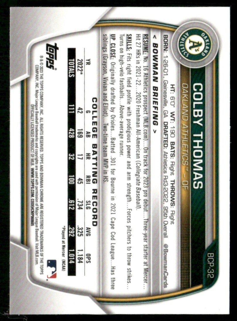 Colby Thomas 2023 Bowman Chrome 1st #BCP-32 Oakland Athletics