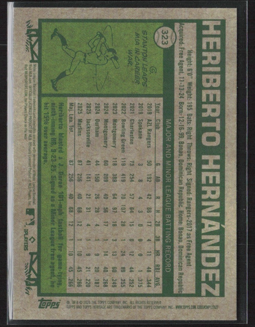 Heriberto Hernandez 2026 Topps Heritage Chrome RC #323 Miami Marlins