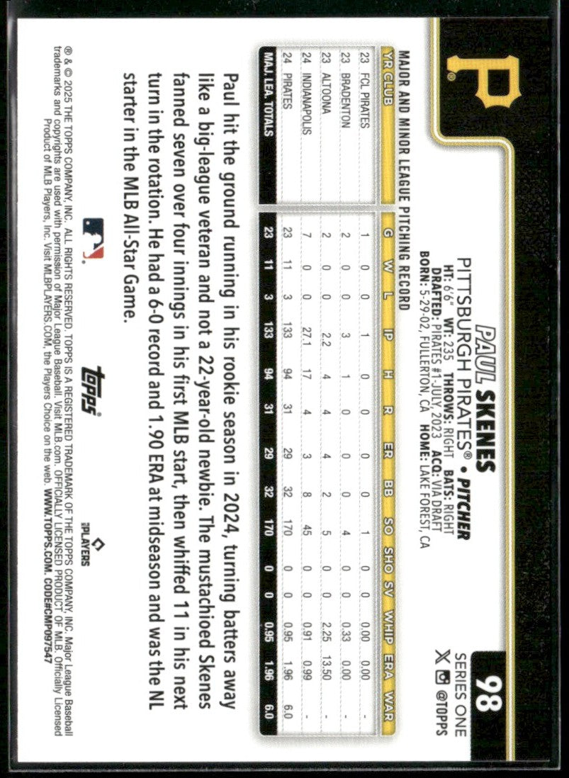 Paul Skenes 2025 Topps #98 Pittsburgh Pirates