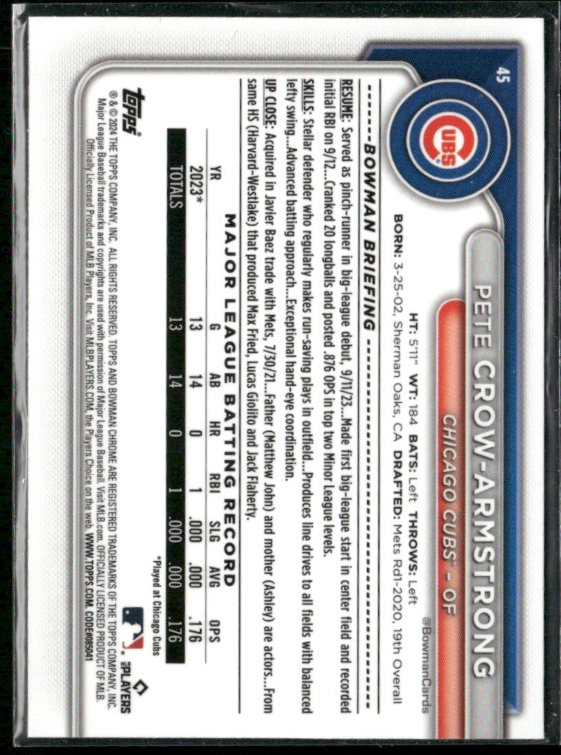 Pete Crow-Armstrong 2024 Bowman Chrome RC #45 Chicago Cubs