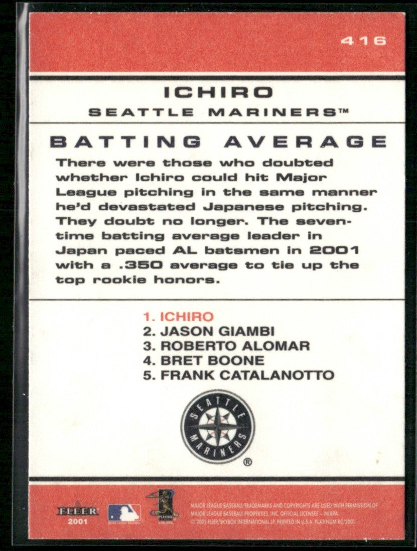 Ichiro Suzuki 2001 Fleer Platinum Chart Toppers RC #416 Seattle Mariners