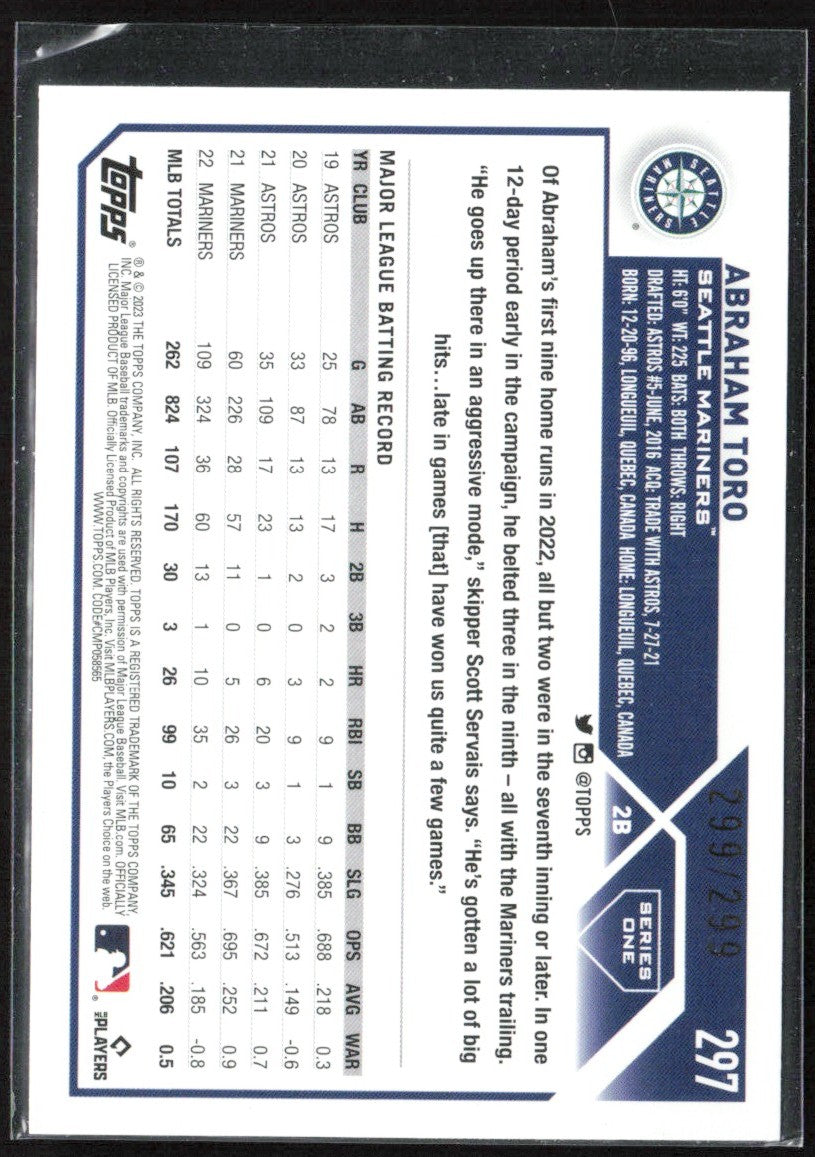 Abraham Toro 2023 Topps Orange Foil /299 #297 Seattle Mariners