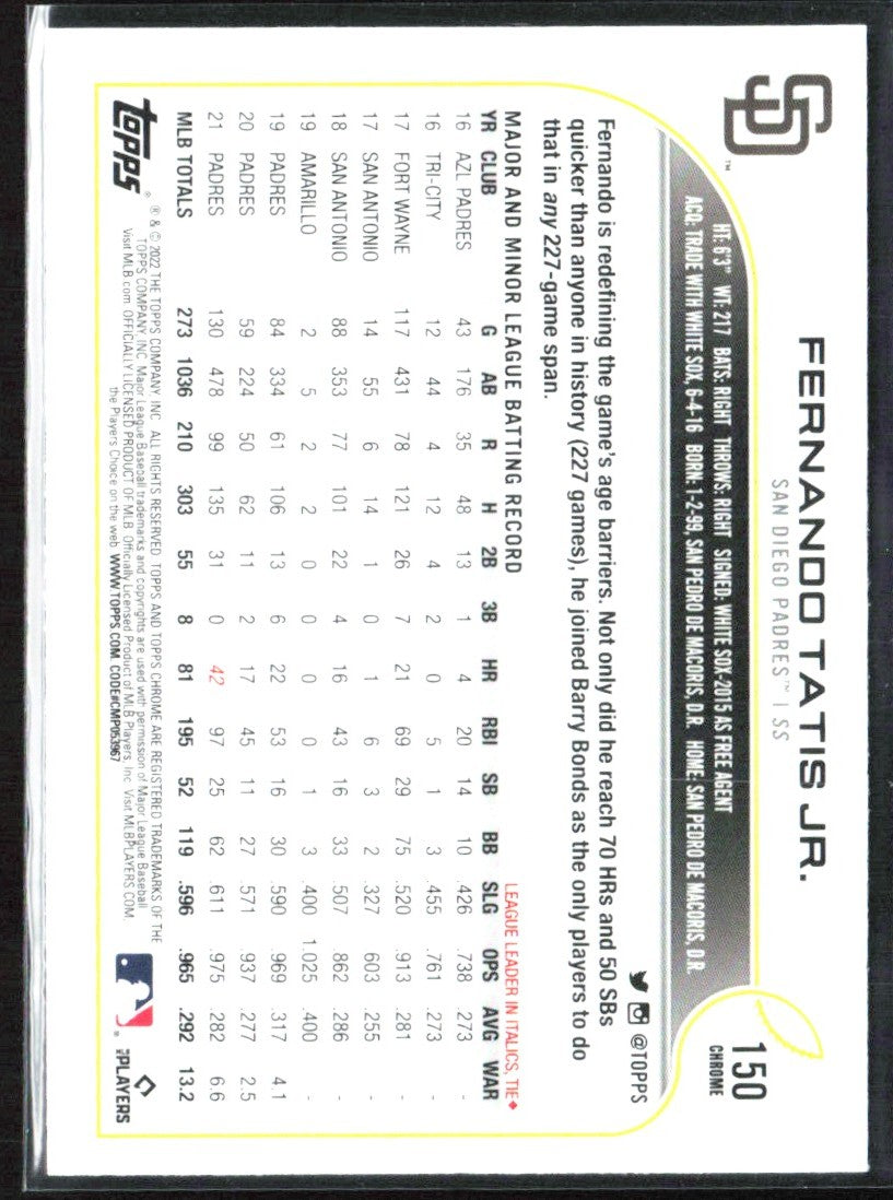 Fernando Tatis Jr. 2022 Topps Chrome Sepia Refractor #150 San Diego Padres