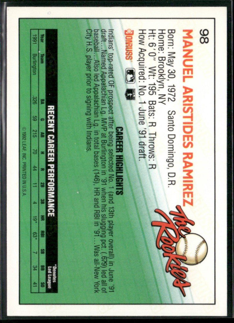 Manny Ramirez 1992 Donruss The Rookies RC #98 Cleveland Indians