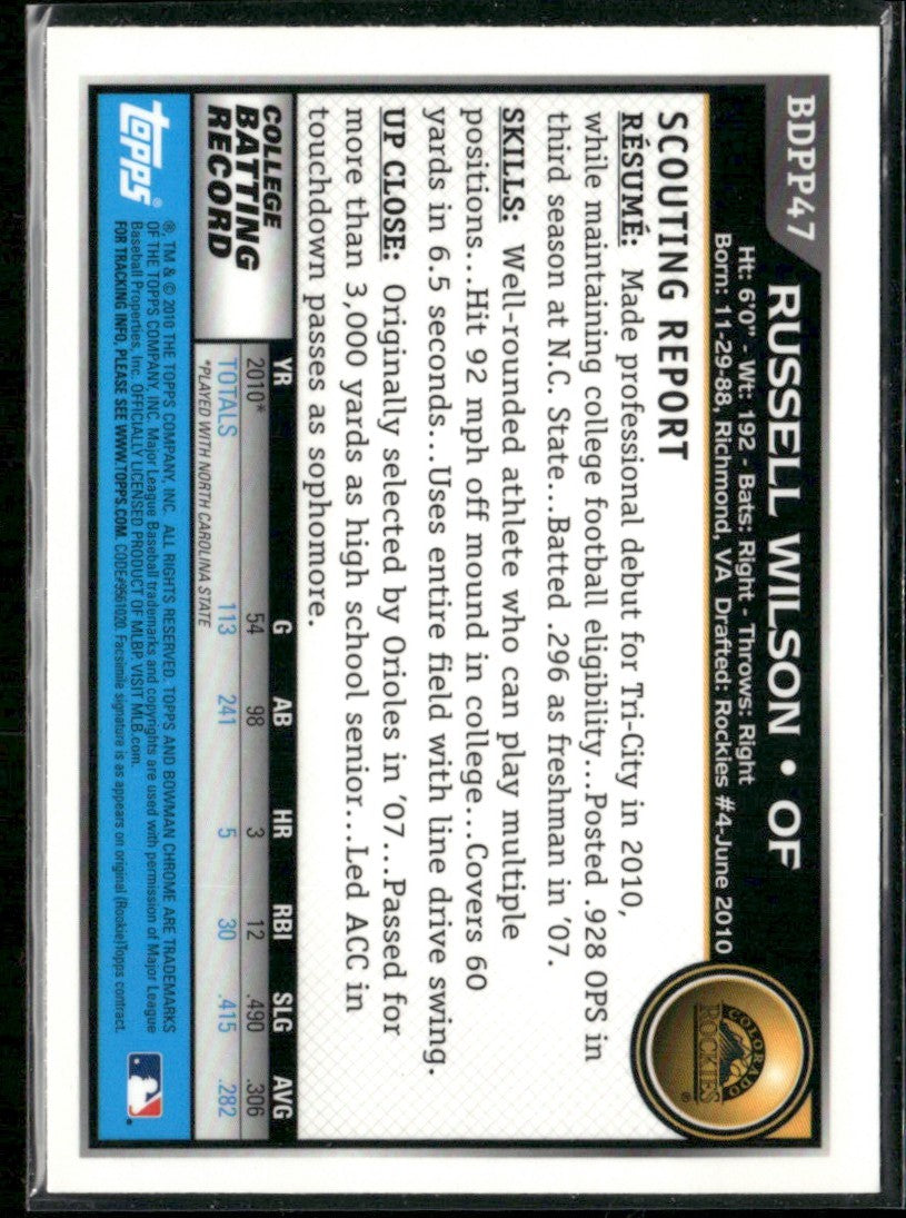 Russell Wilson 2010 Bowman Draft Picks & Prospects Chrome 1st #BDPP47