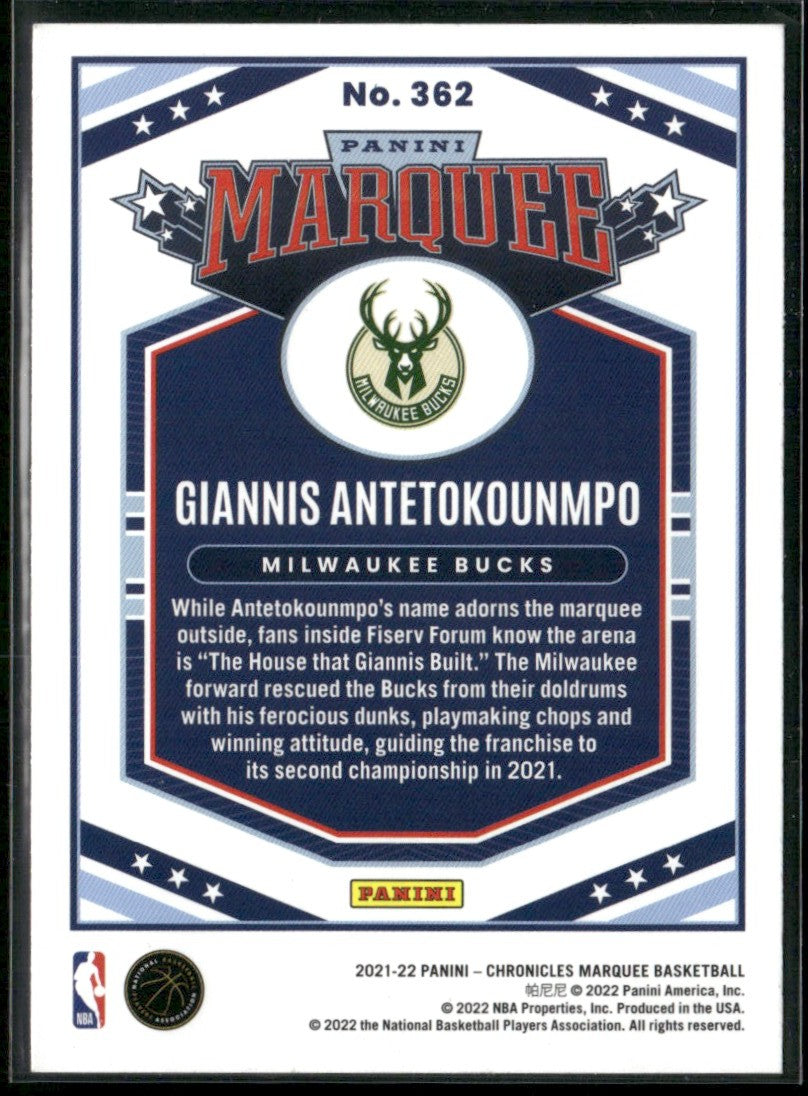 Giannis Antetokounmpo 2021 Panini Chronicles Marquee Green #362 Milwaukee Bucks