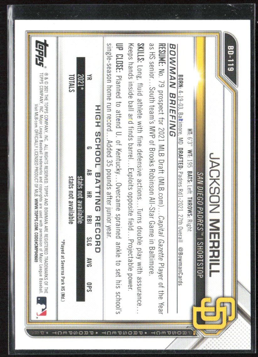 Jackson Merrill 2021 Bowman Draft #BD-119 San Diego Padres