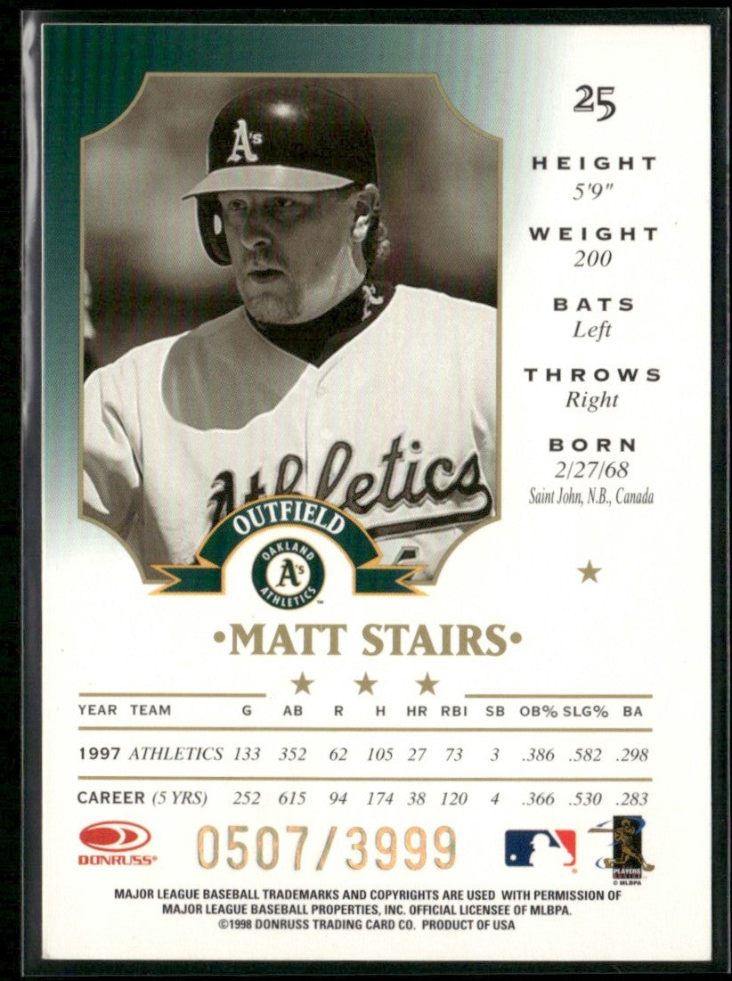 Matt Stairs 1998 Leaf Fractal Foundations /3999 #25 Oakland Athletics