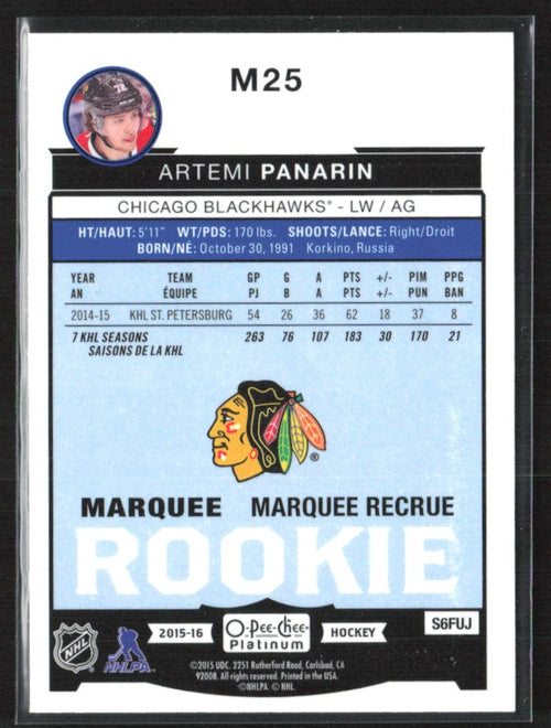 Artemi Panarin 2015 O-Pee-Chee Platinum Marquee RC #M25 Chicago Blackhawks