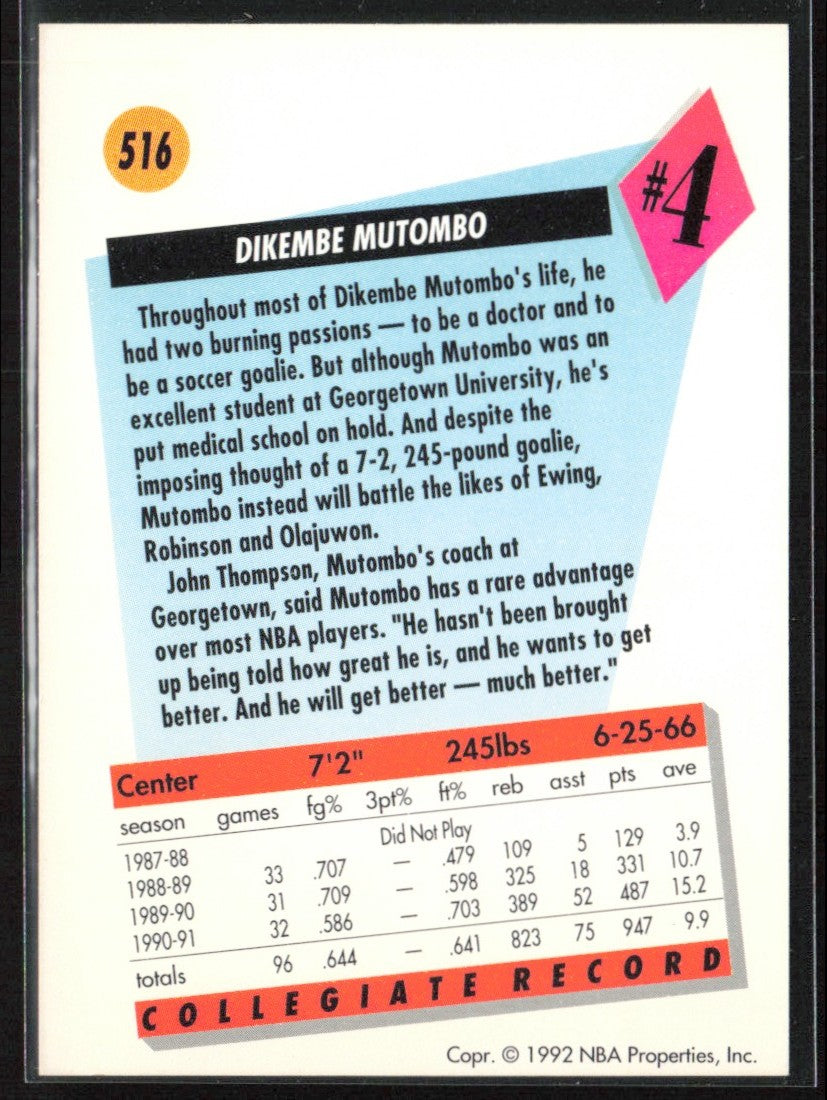 Dikembe Mutombo 1991 SkyBox RC #516 Denver Nuggets