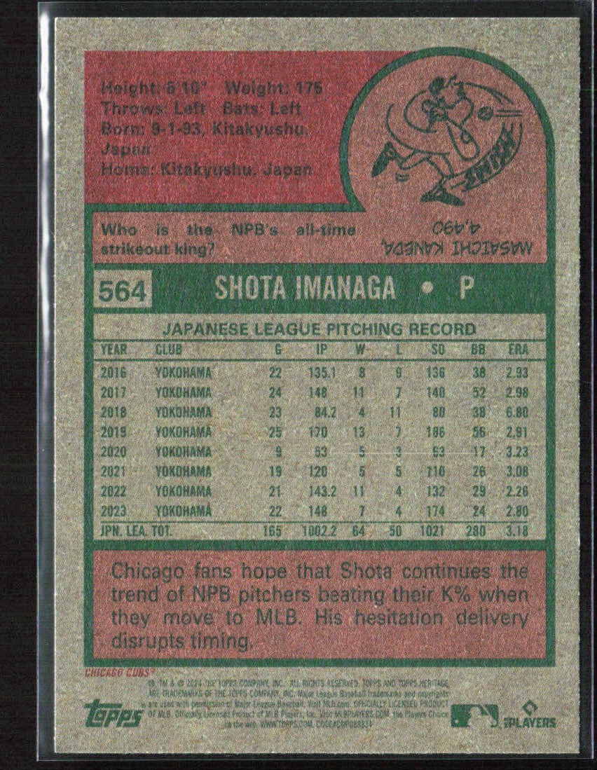 Shota Imanaga 2024 Topps Heritage High Number RC #564 Chicago Cubs
