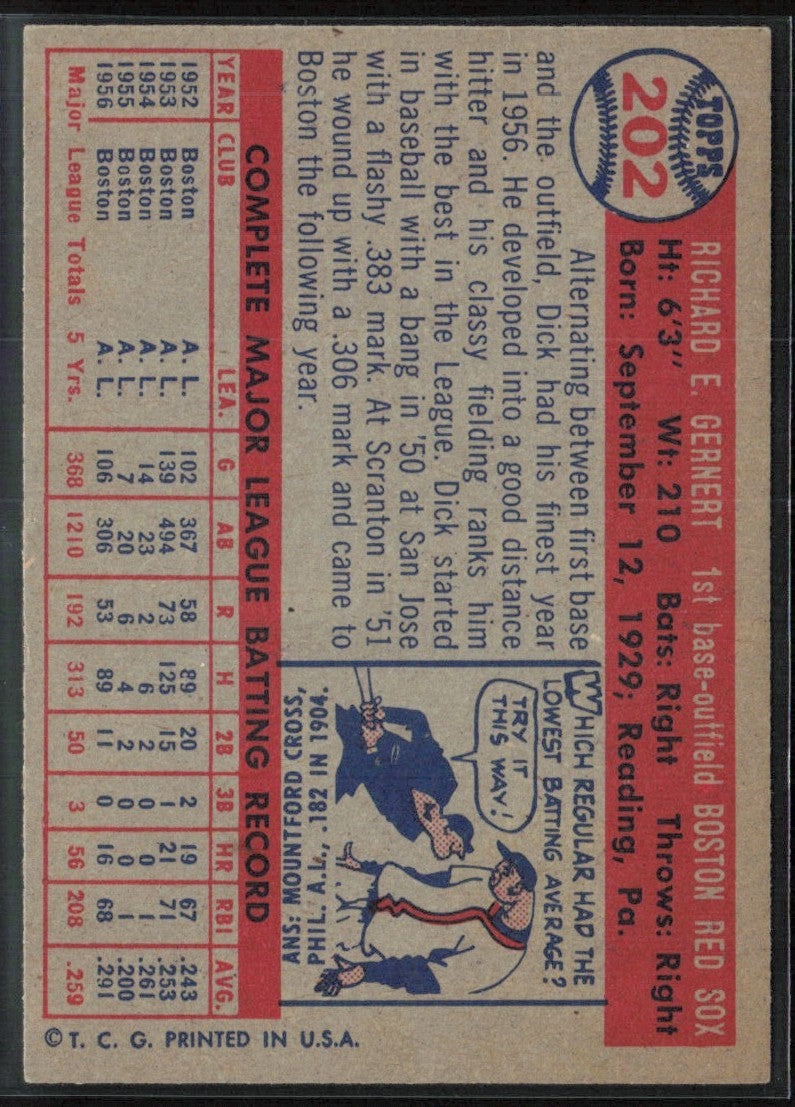 Dick Gernert 1957 Topps #202 Boston Red Sox