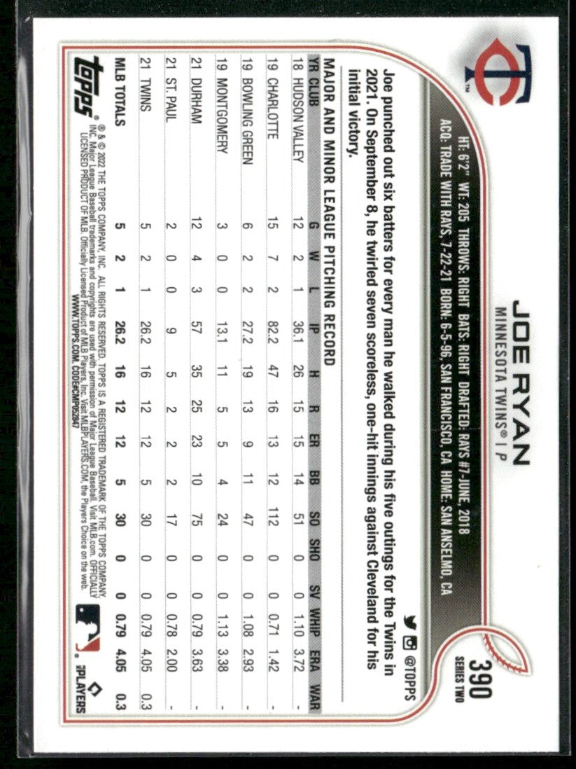 Joe Ryan 2022 Topps Rainbow Foil RC #390 Minnesota Twins