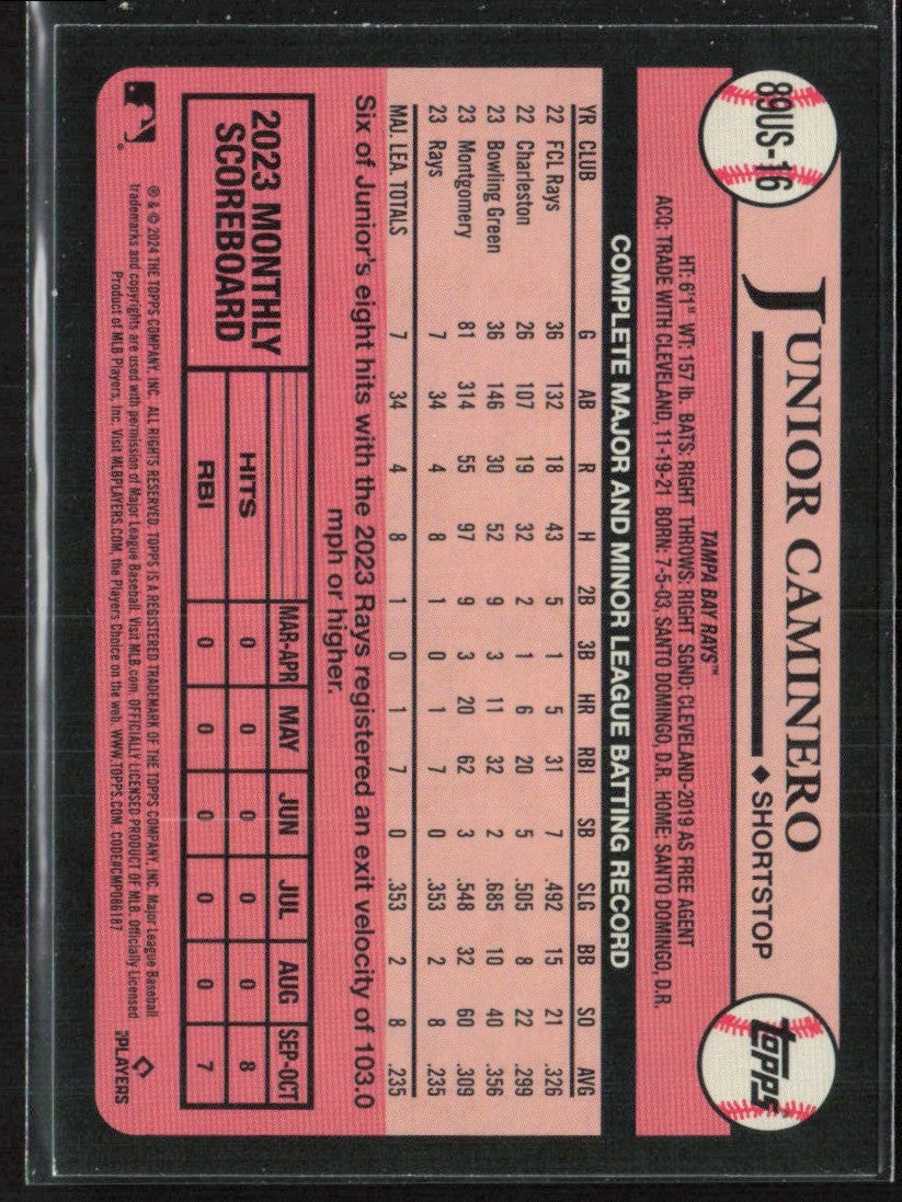 Junior Caminero 2024 Topps Update 1989 Design RC #89US-16 Tampa Bay Rays