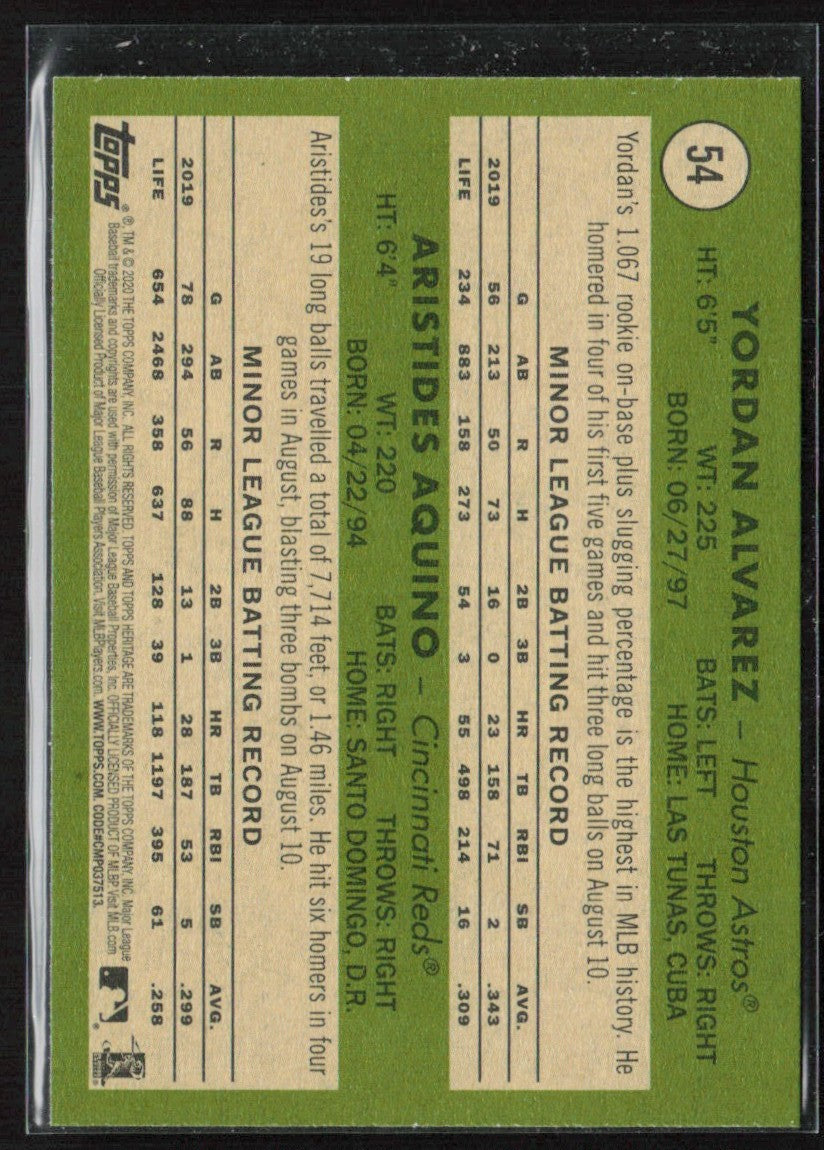 Aristides Aquino/ Yordan Alvarez 2020 Topps Heritage RC #54