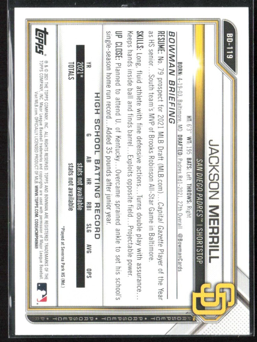 Jackson Merrill 2021 Bowman Draft #BD-119 San Diego Padres