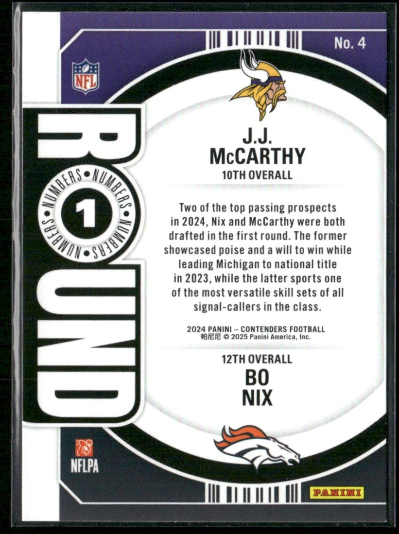 Bo Nix / J.J. McCarthy 2024 Panini Contenders Round Numbers Red RC #4