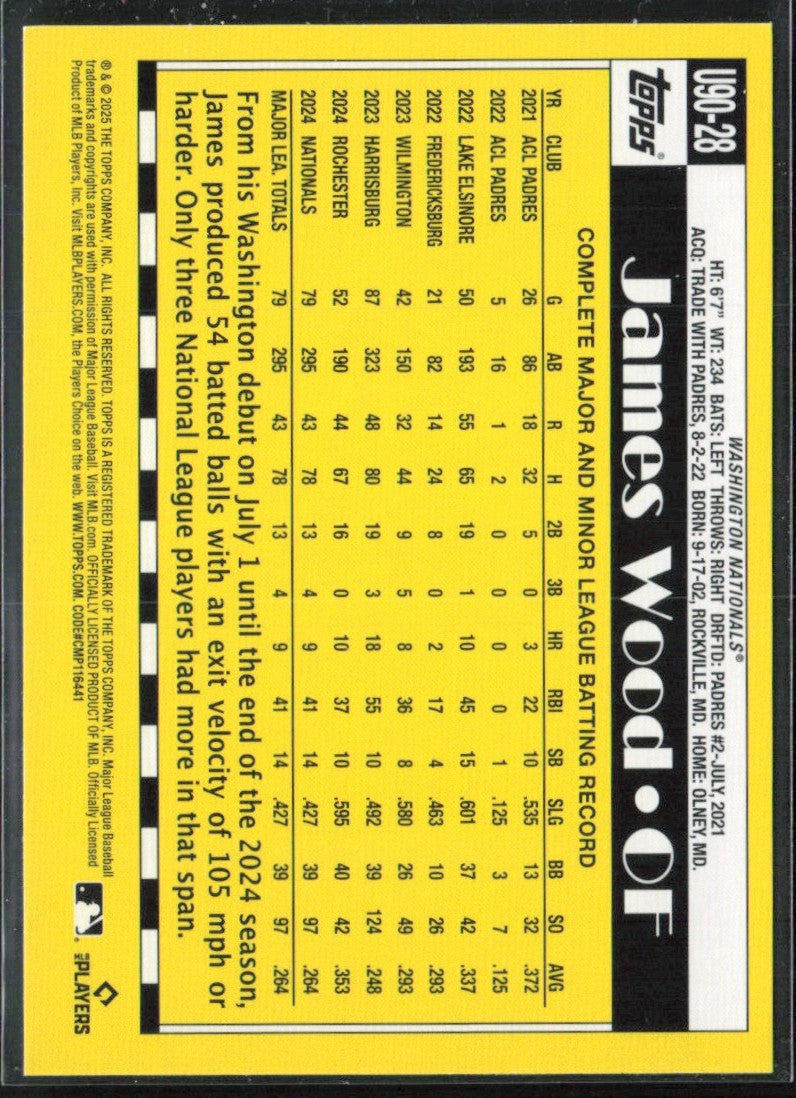 James Wood 2025 Topps 1990 Design RC #U90-28 Washington Nationals