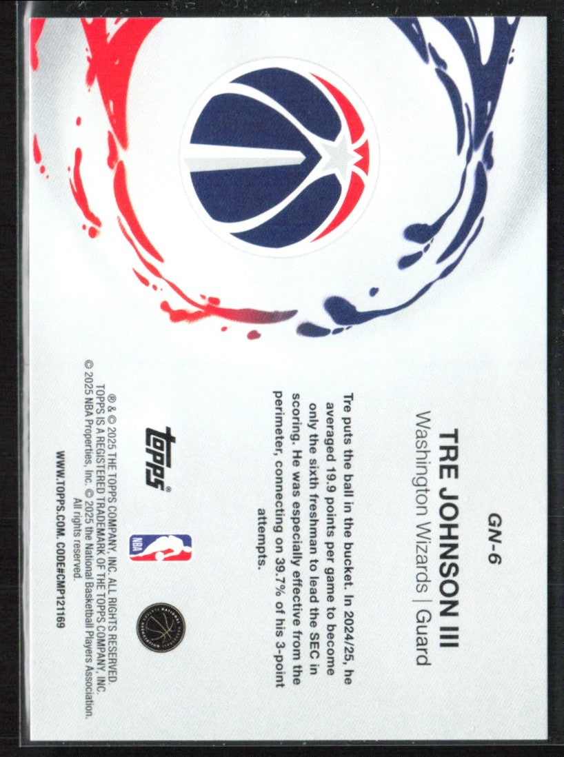 Tre Johnson III 2025 Topps Generation Now RC #GN-6 Washington Wizards